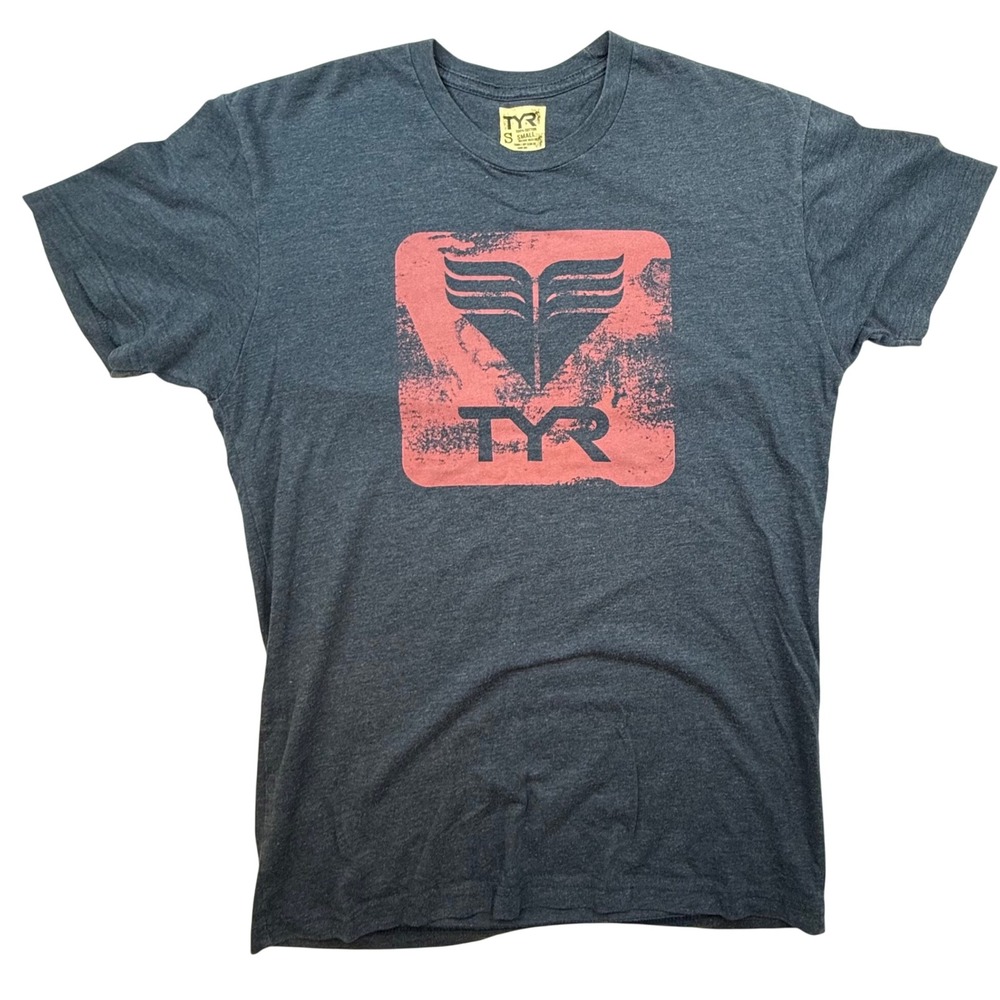 TYR Mens T-Shirt‎ Small Heather Navy Blue 100% Cotton Distressed Logo gym